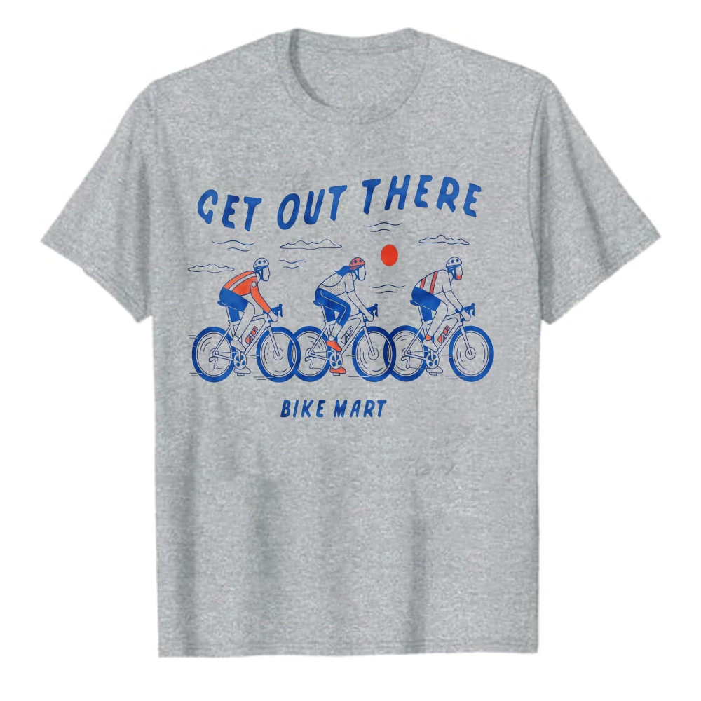 Get Out There Three Cyclists Sunset Lake Summer Men Cotton T-Shirt Blue Red Road Bike Vintage Line Graphic Short Sleeve Garment