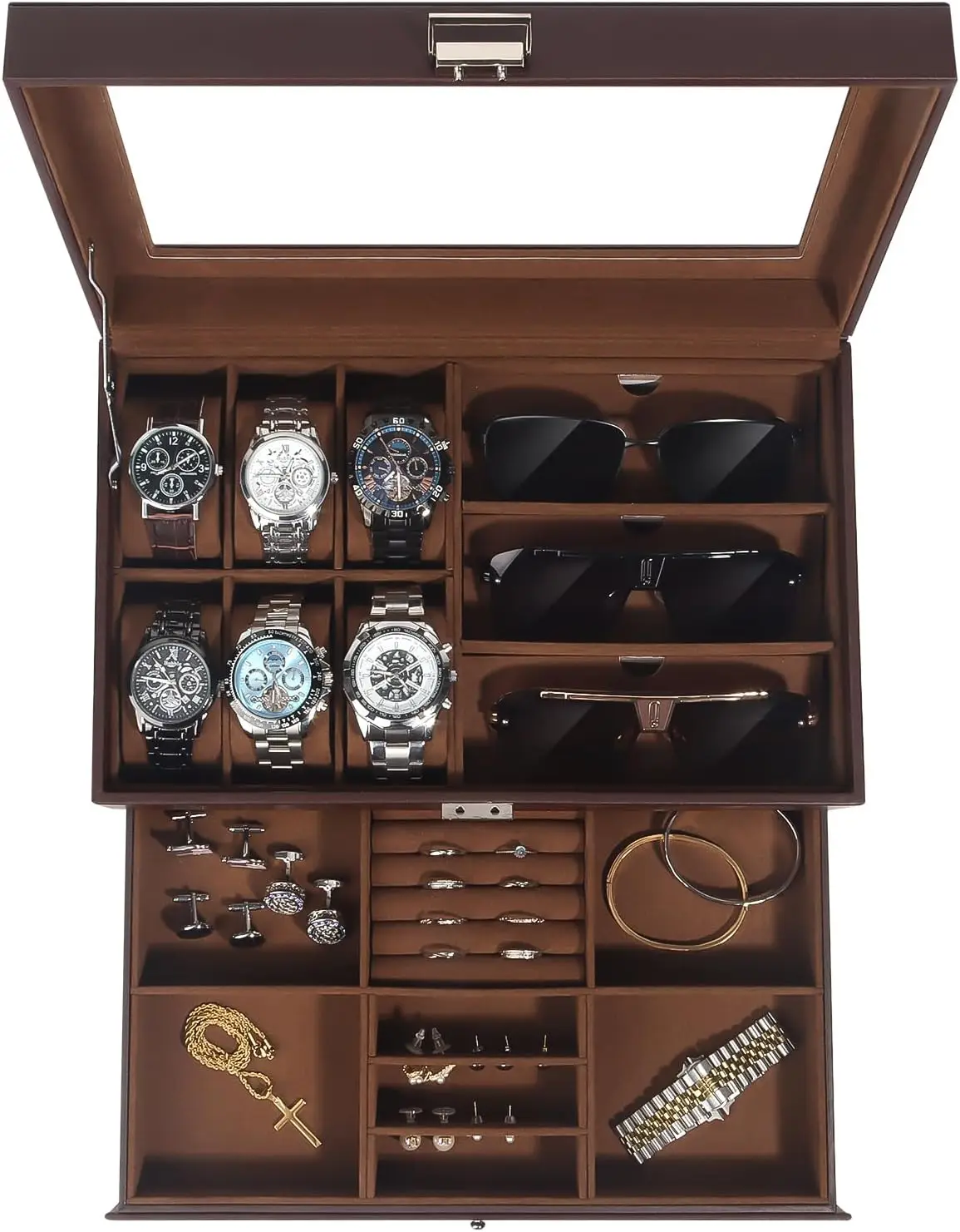 

6-Slot Watch Case with Glass Lid, 2-Layer Storage for Sunglasses and Jewelry, Secure Lock, Gift for Men and Women