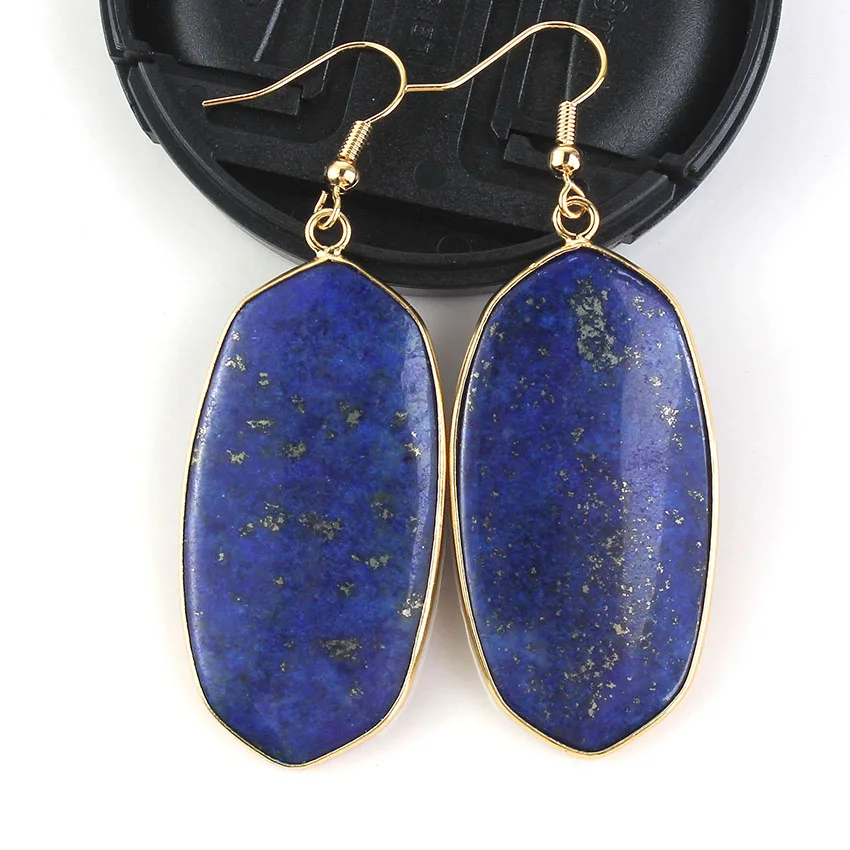 Light Yellow Gold Color Stone Earrings For Women Natural Blue Lapis Lazuli Stone Oval Drop Dangle Hook Earring Fashion Jewelry
