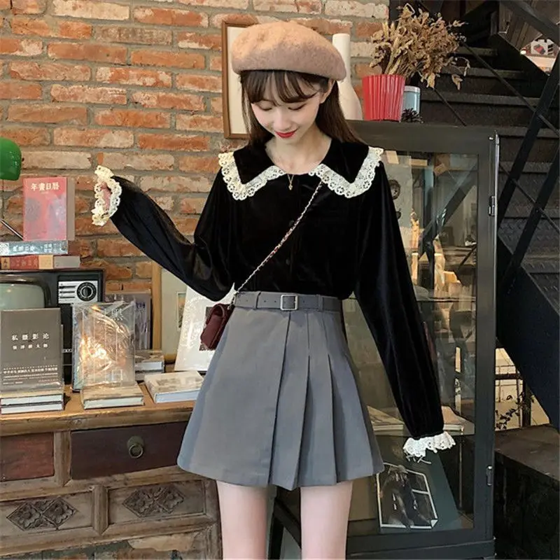 Casual Pleated Skirts for Women Spring Summer Preppy Style High Waist Slim Mini Skirts for Female Gray Black Skirts with Sashes