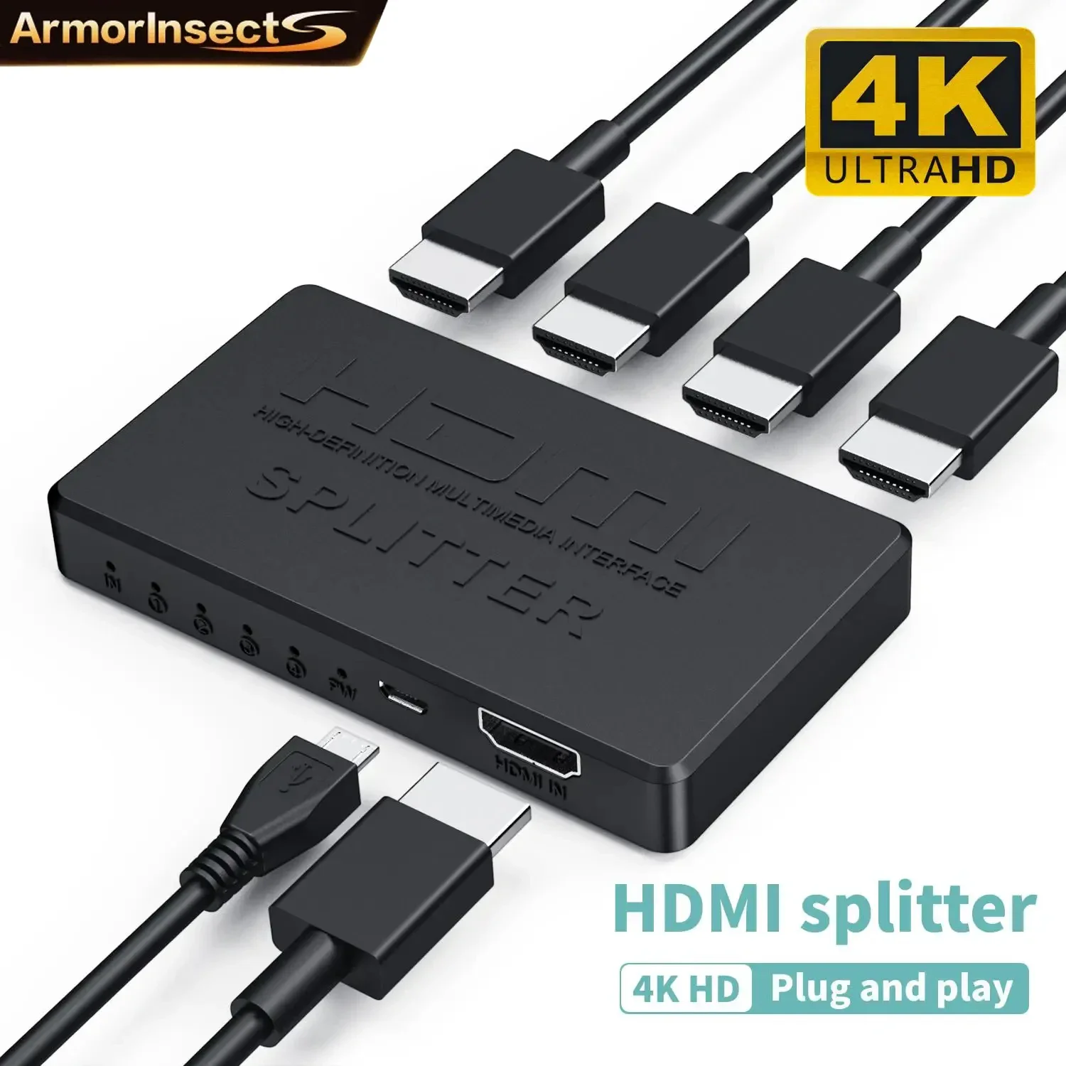 HDMI Splitter 1X4  HD 4K 2K Video Switcher Adapter 1 Input 4 Output HDMI-compatible Hub for Xbox PS4 DVD HDTV PC Laptop TV