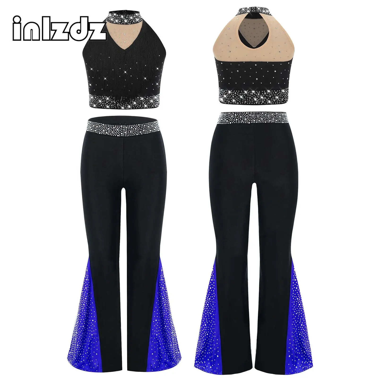 Enfants fille patinage artistique Ballet danse scène Performance tenue brillant strass sans manches haut court + pantalon 2 pièces ensemble de vêtements de danse