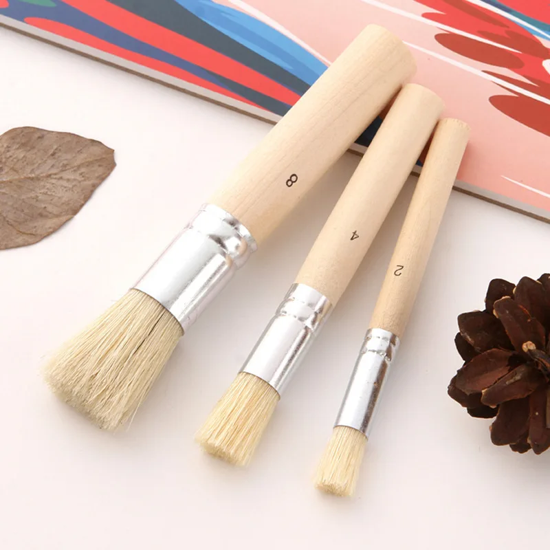 3Pcs ไม้ Handle สีน้ำภาพวาดแปรงลายฉลุ Hog Bristle น้ำมันอะคริลิคภาพวาดแปรงนักเรียน Professional Art Supplies