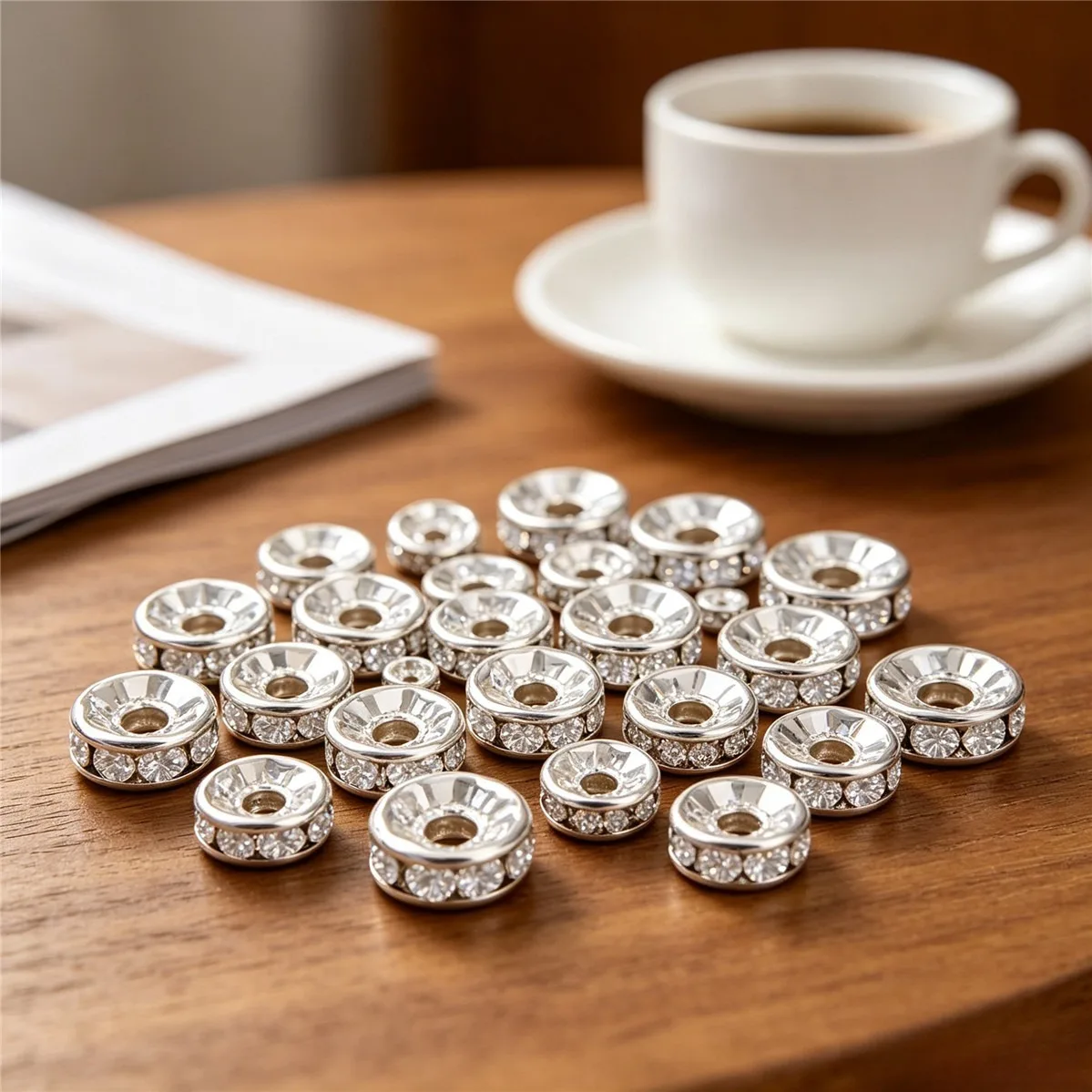 Brass Thick Silver Tone Rhinestone Ring Wheel Abacus Spacer Beads DIY Jewelry Findings