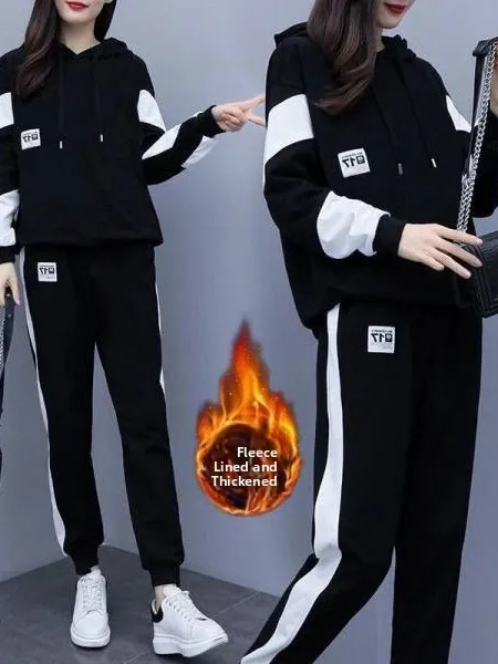 Ladies Thickened Fleece Lined Hooded Sportswear Casual Fashion Sweatshirt Set Two Pieces High Waist Long Pants Autumn Winter