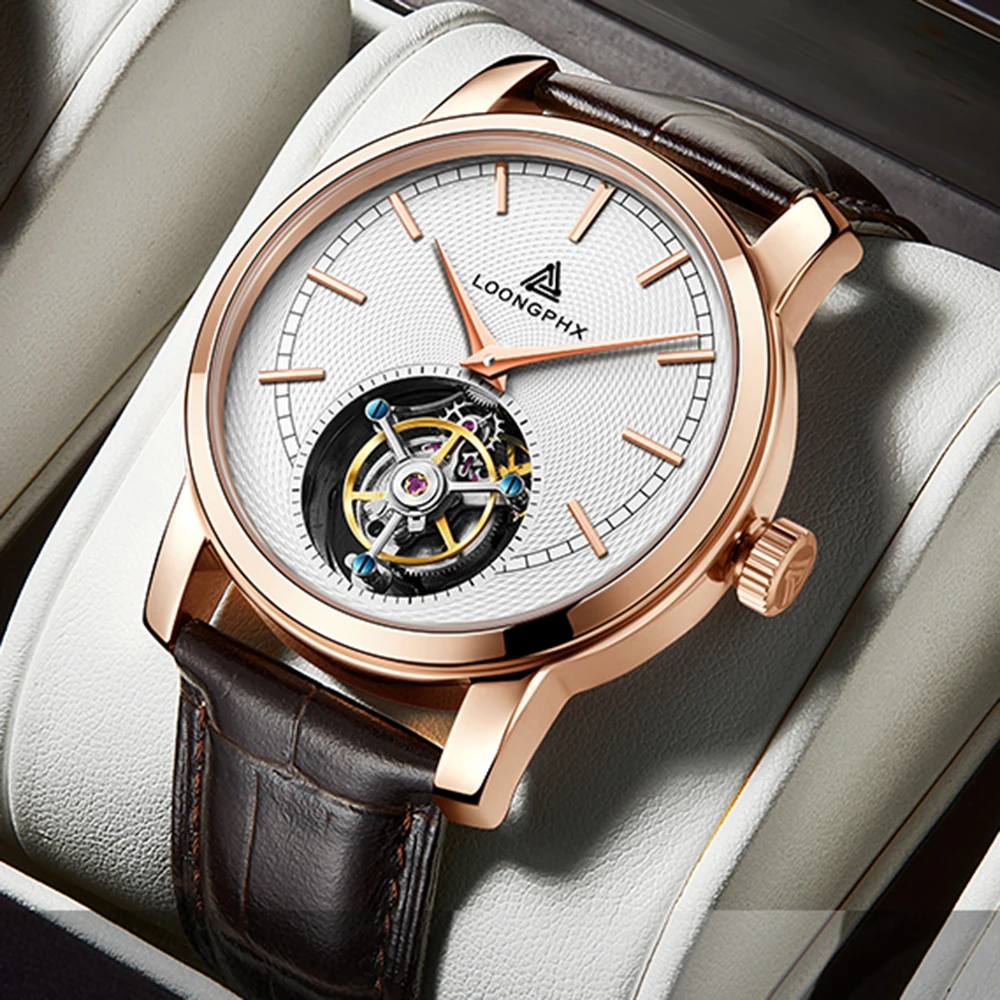 นาฬิกาหรู Tourbillon สำหรับผู้ชายนาฬิกากลไกไขลานนาฬิกาข้อมือธุรกิจ42มม. แบรนด์ชั้นนำนาฬิกา28800vph 2023 loongphx
