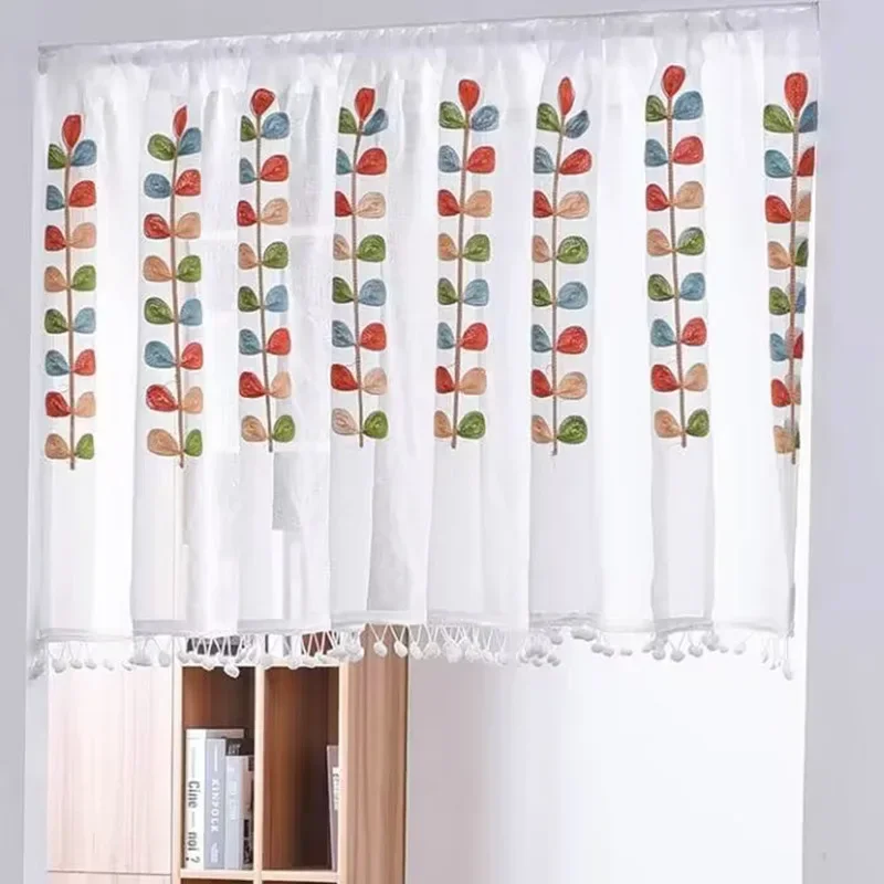 

American Country Short Coffee Curtains for Living Dining Room Bedroom Half Curtain Cabinet Frieze Embroidered Leaves Embroidery