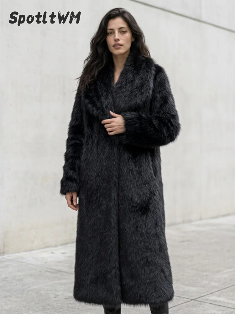 Black Faux Fur Soft Wide Collar Open Front Pocket Women Long Coats Chic Long Sleeve Warm Jackets Winter Daily Street Outerwear