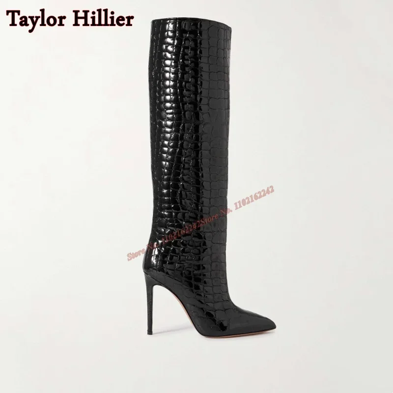 Imitation Crocodile Leather Knee-High Boots Pointed Toe Stiletto High-Top Long Boots Fashionable Party Banquet Women\'S Boots 43