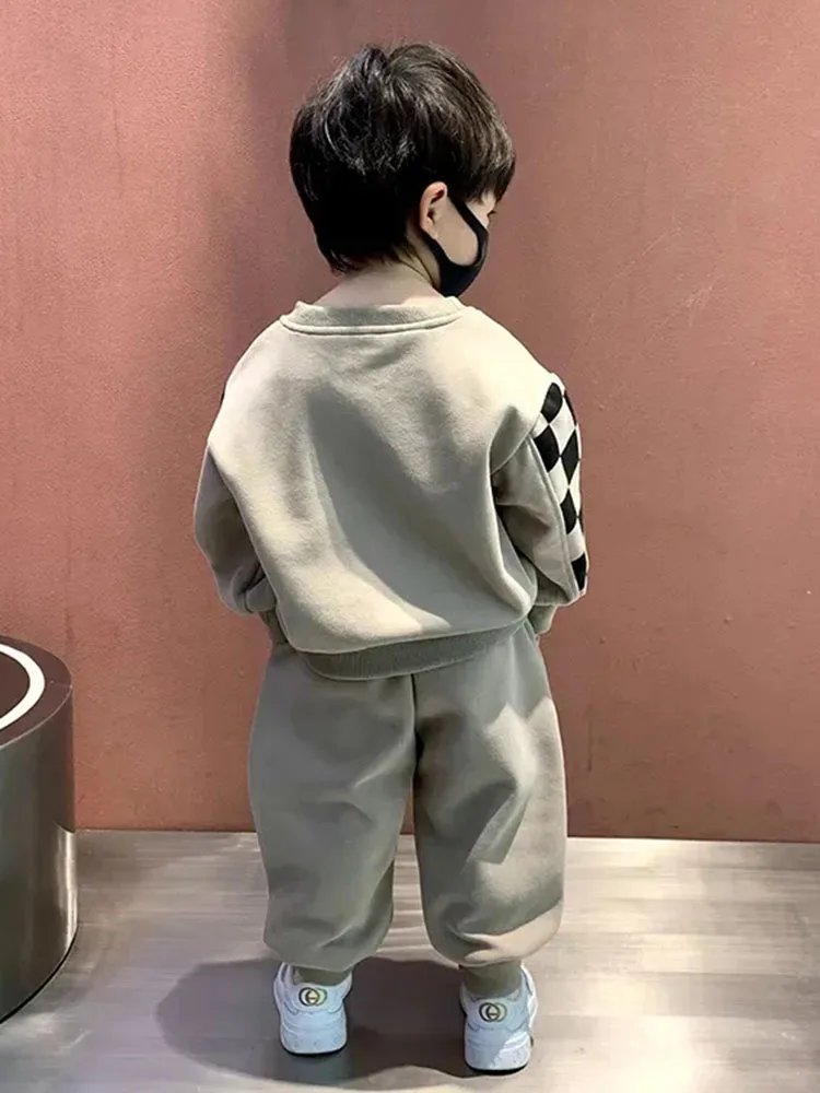 O-neck Patchwork Sweatshirts Kids Conjunto Print Bear Long Sleeve Tops + Boys 2 Piece Sets Children Lace Up Jogger Pants Outfit