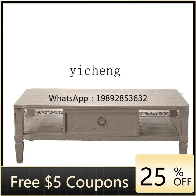 

ZZ Light Luxury Light Gray Red Oak Coffee Table Living Room Solid Wood Coffee Table with Drawer