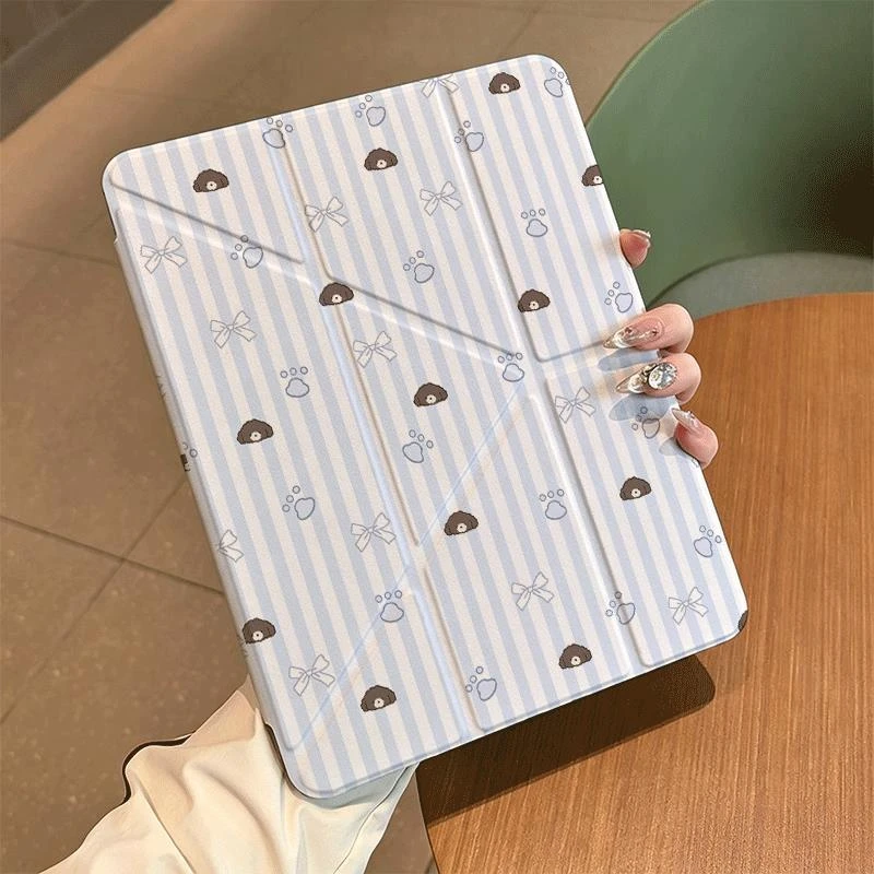 Blue Striped Bow Puppy Tablet Case For iPad Pro 11 12.9 13 A16 M2 M4 M3 M5 Shell 10.2 5/6/7/8/9/10/11th Mini Air 3 4 5 6 7 Cover