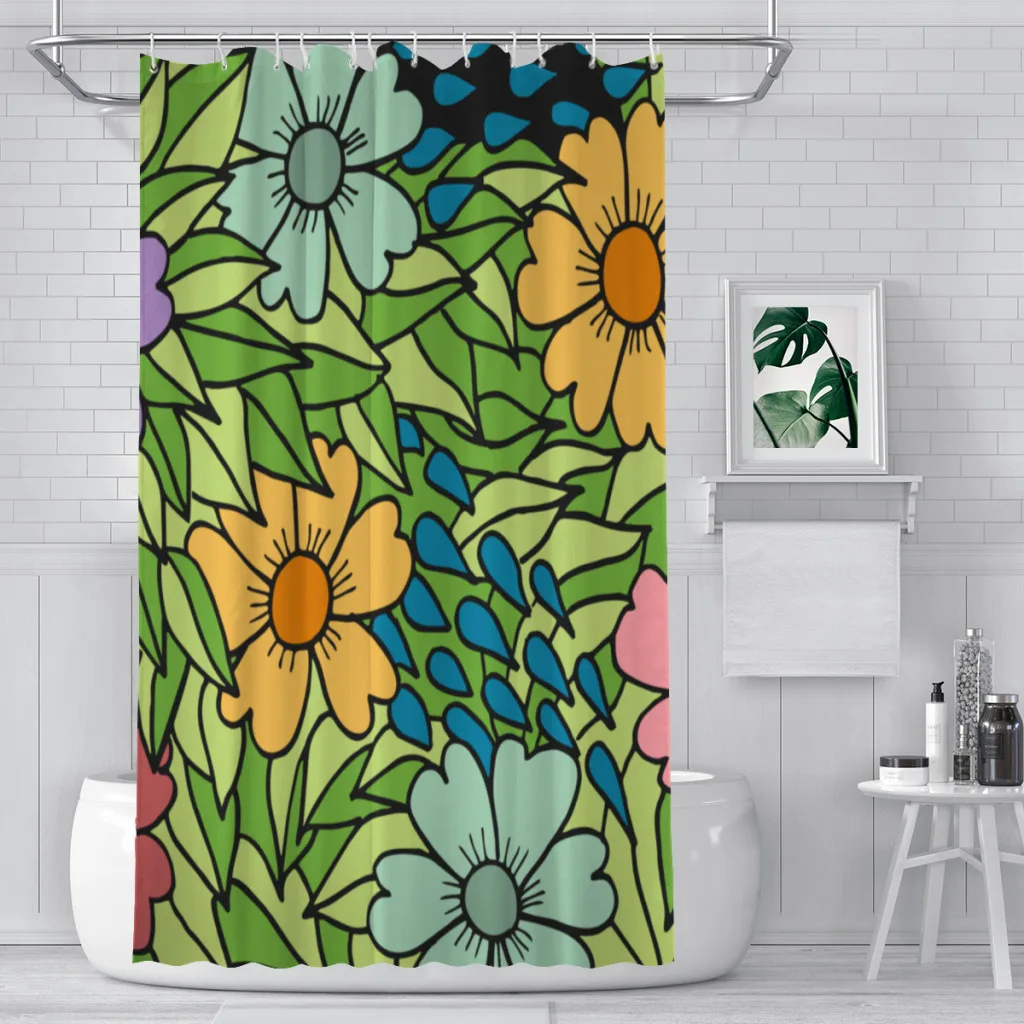 Colorful Flowers Bathroom Shower Curtains Pattern Texture Painting Waterproof Partition Curtain Designed Home Decor Accessories