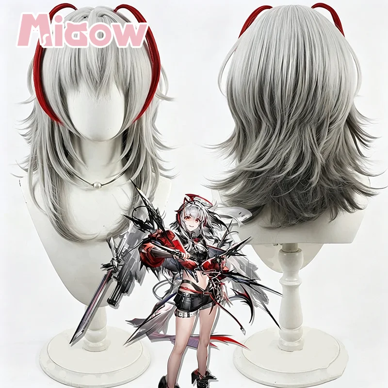 Game Arknights Wis'adel Cosplay Wig, Pre‑Styled Silver Grey Gradient Medium Layered Flip‑Out Wig with Red Ahoge for cosplay