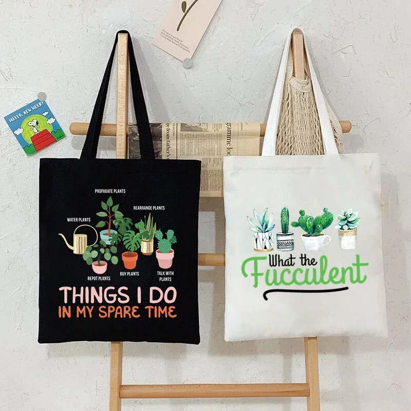 Aesthetics Plant Canvas Tote Bag Student Vintage Cactus Shopping Bag Women Garden Graphic Casual Handbag Side Bag For Ladies