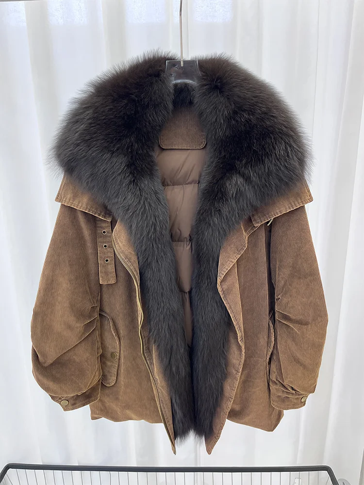 الشتاء النساء الطبيعية الثعلب الفراء طوق معطف عادية أوزة أسفل سترة فاخرة عادية طويلة البخاخ جاكيتات سروال قصير سترات الملابس
