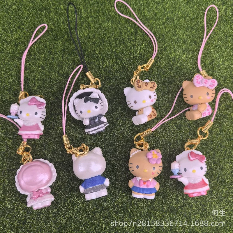 Sanrio hello kitty pendurado corrente caixa cega brinquedos mini bonito pele preta olá kitty boneca modelo pingente brinquedos coletar decoração