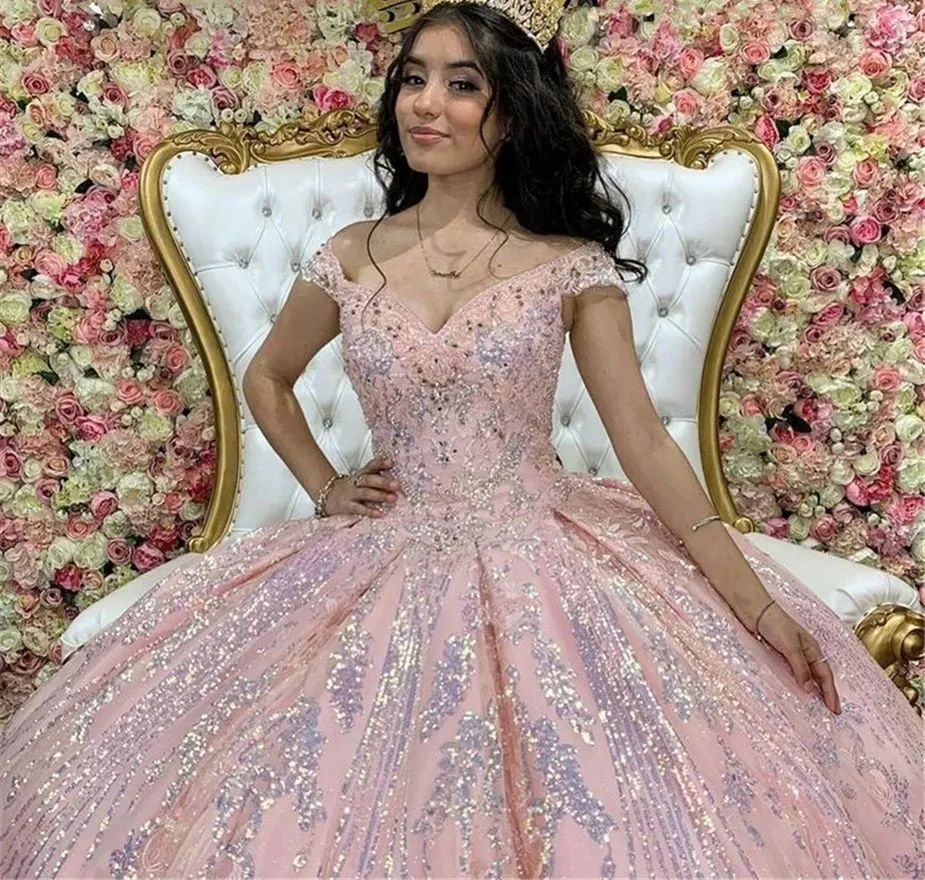 Roze Prinses Quinceanera Jurken Baljurk Off The Shoulder Kant Sparkle Sweet 16 Jurken 15 Años Custom