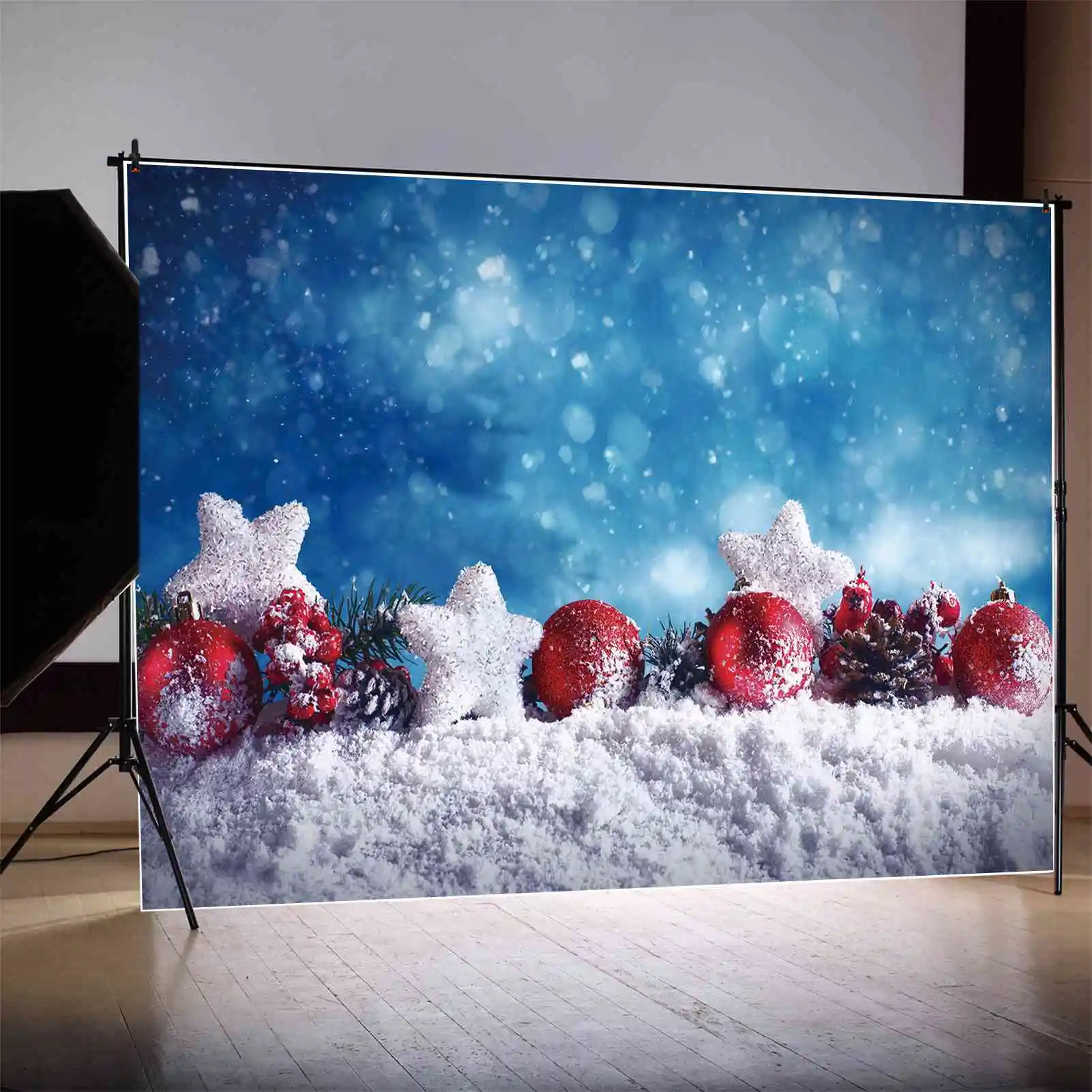 MOON.QG Photography Backdrop Christmas Decoration Red Ball Bean Snow Star Background Blue Light Bokeh Spot Wall Photo Booth Prop