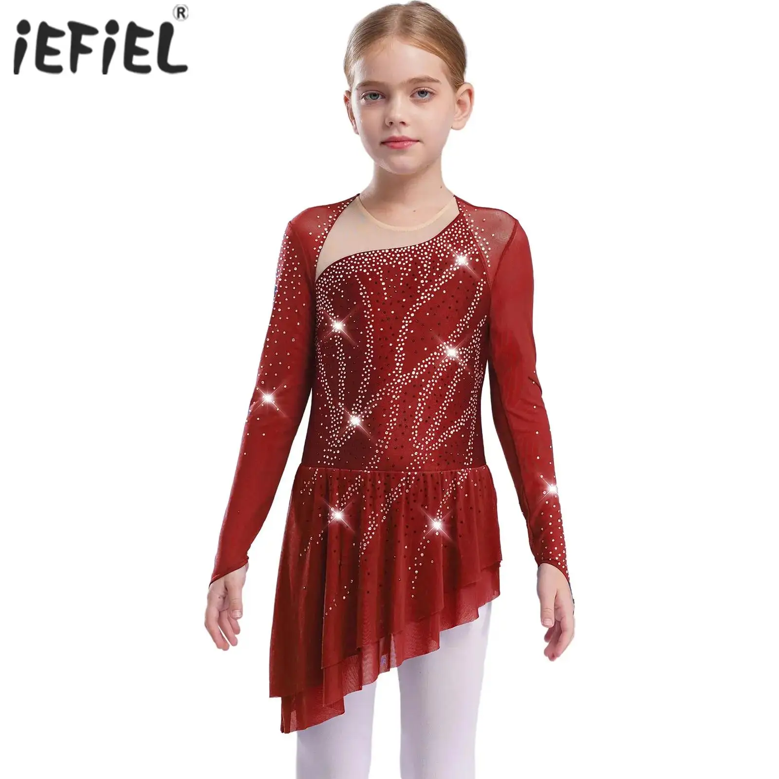 

Детские гимнастические трико для девочек, платья для фигурного катания, костюм с блестящими стразами, прозрачное сетчатое балетное трикотажное платье для лирического танца