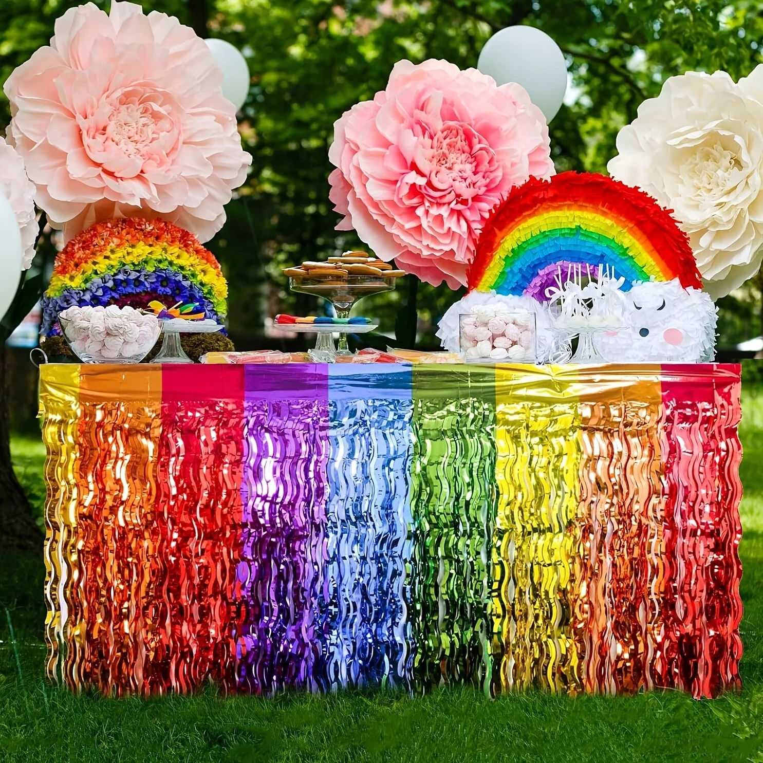 مجموعة مكونة من 4 قطع من تنانير طاولة قوس قزح، زخرفة شرابة معدنية مموجة لأعياد الميلاد والمدرسة وحفلات الأجنحة الفائقة ومستلزمات الزفاف والخطوبة