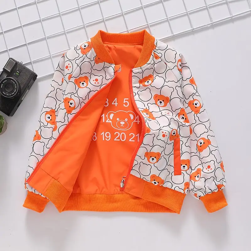 Reversible Cartoon Baseball Jacket for Toddler Boys Spring Autumn Kids' Sporty Jacket with Trendy Design 2 in 1 Kids' Outerwear