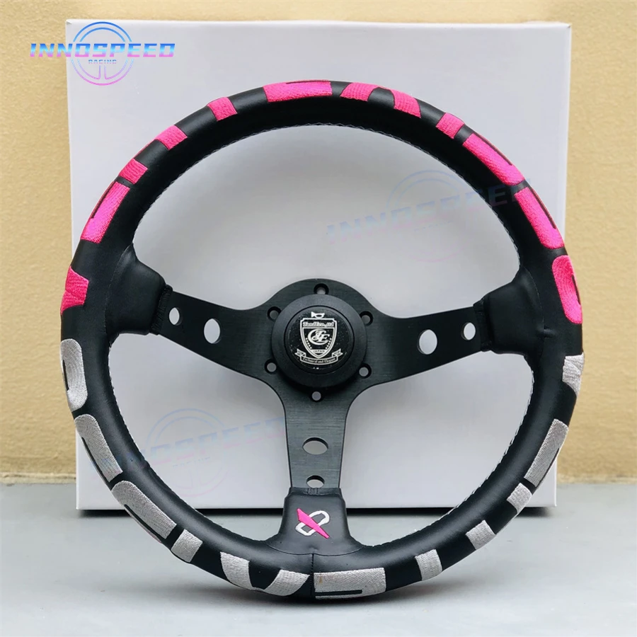 JDM Racing 13inch Vertex 1996 Steering Wheel Genuine Leather Embroidery Drift Sport Steering Wheel PINK/RED