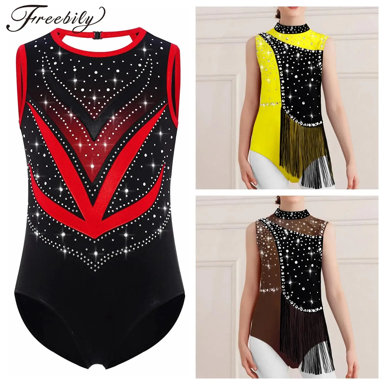 

Kids Rhythmic Gymnastics Leotard Color Block Dance Wear Girls Rhinestones Figure Skating Jumpsuits Children Tassels Bodysuit