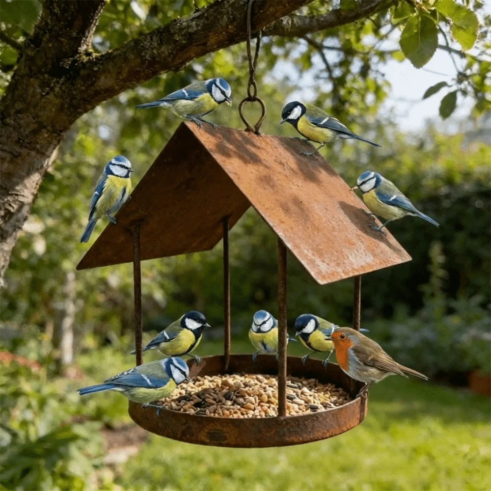 

Durable Iron Hanging Bird Feeder Rain-Resistant Hut Shape Bird Feeding Station Large Capacity Decorative Bird House Porch