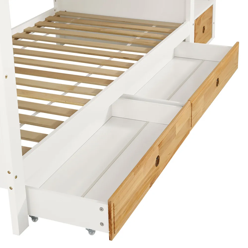 PINGGO Weißes Naturholz-Etagenbett 90x200cm mit Stauraum-Treppe, 4 Schränken, 2 Schubladen, offenem Regal, Fallschirmgitter, Kiefer+MDF, ohne Matratze – Detail 23
