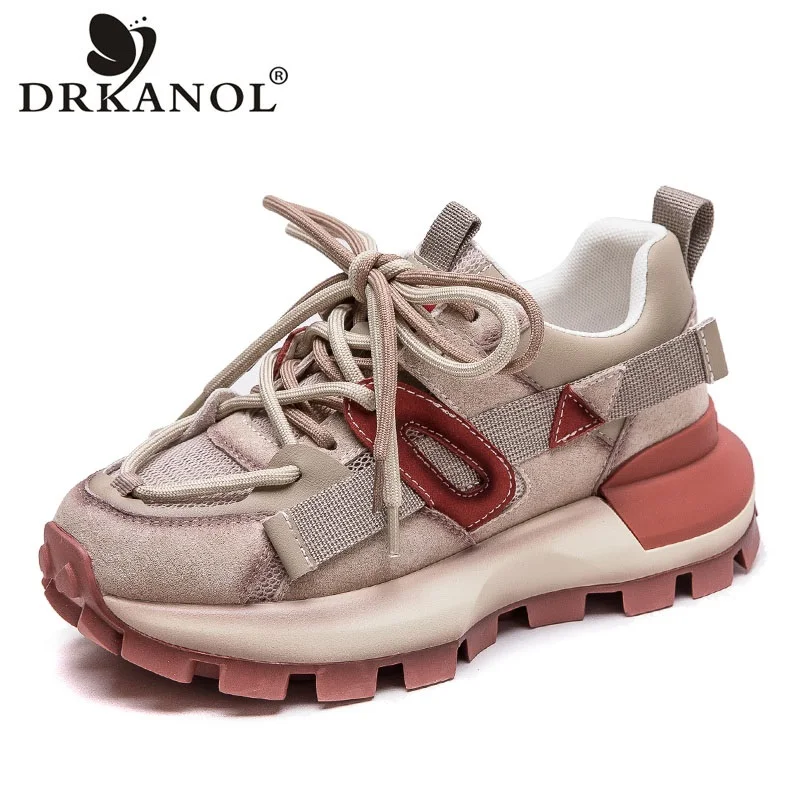 

DRKANOL 2024 Summer Casual Sneakers Women Mixed Colors Genuine Leather Mesh Breathable Chunky Platform Shoes Lace-Up Sneakers