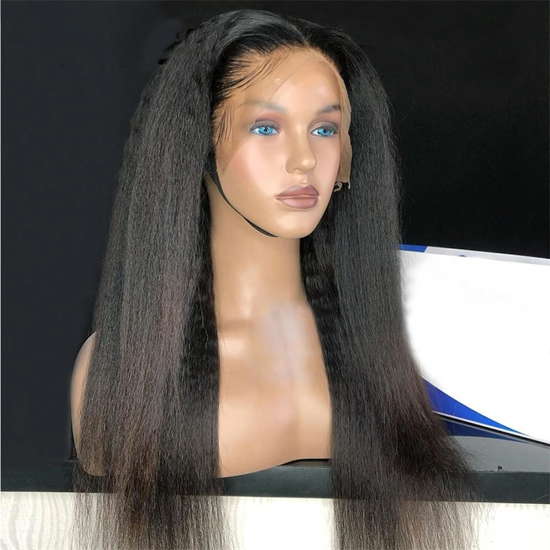 Peruca dianteira reta Kinky para mulheres, macio, longo, sem cola, Yaki, natural, preto, cabelo de bebê, sintético, pré-arrancado, diário, 30"