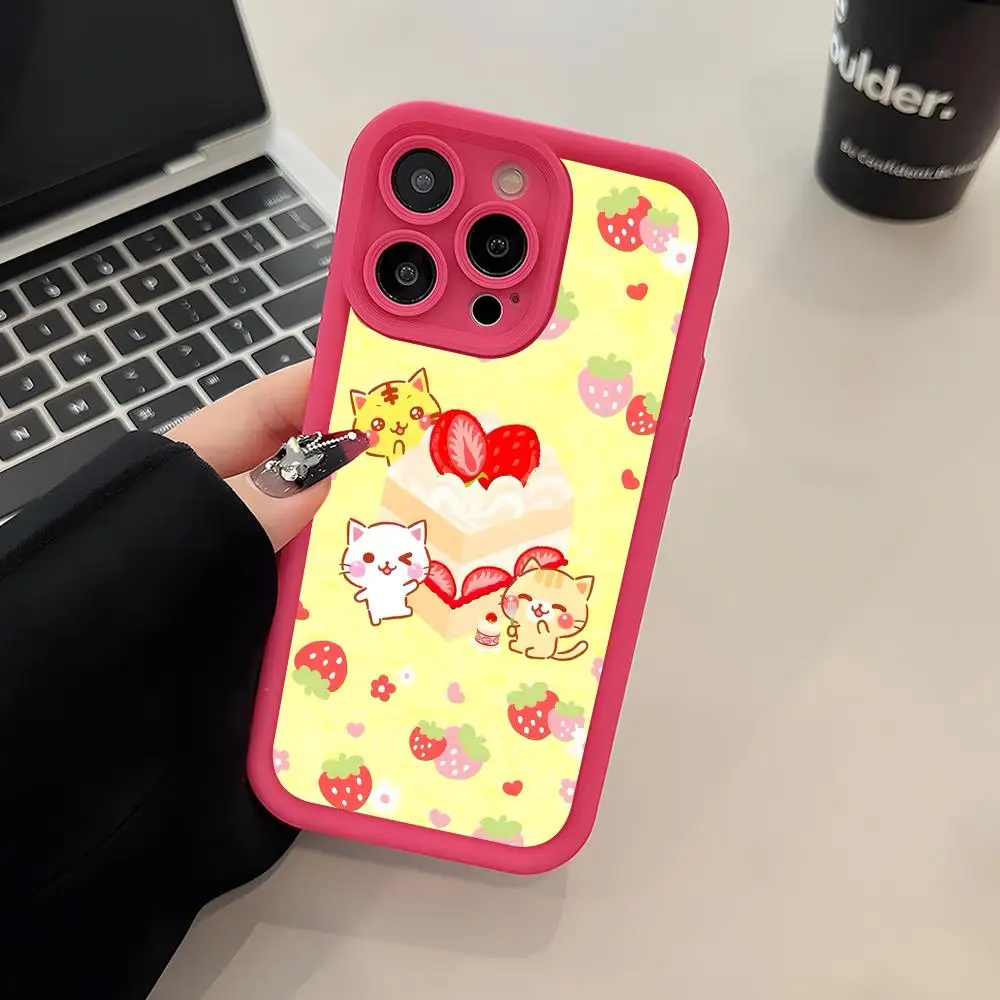 

Чехол для телефона с клубничным котенком для iPhone 17 16 15 14 13 12 11 Air Pro Max Plus, утолщенный, из ТПУ, разноцветный, люксовый