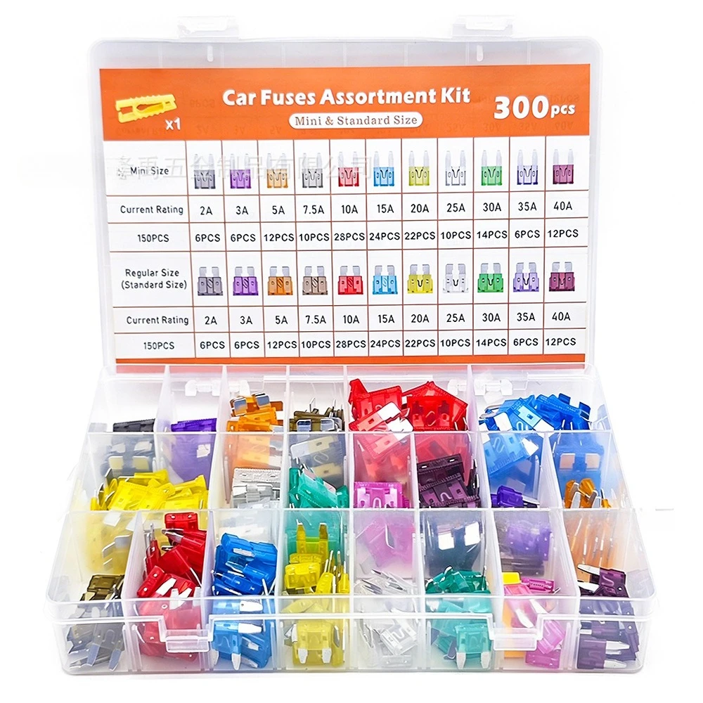 

300Pcs Boxed Aluminum Mini & Standard Blade Fuse Assortment 2A-40A Auto Replacement Fuse with Fuse Puller