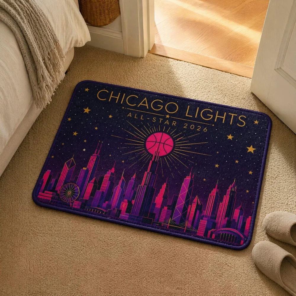 Night Basketball Flannel Doormat, Non Slip Indoor Entrance Floor Mat, Urban Sports Themed Area Rug, Multiple Sizes Home Door Mat