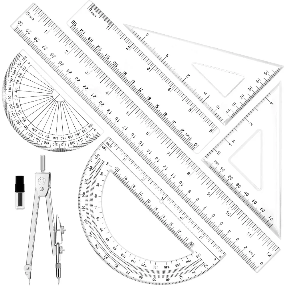 

Geometry Set - 7Pcs Geometry Kit with Clear Plastic Ruler 12Inch & 6Inch, Triangle Ruler, Protractor and Compass Set for School Office Math Drawing Drafting Engineering Architecture Art