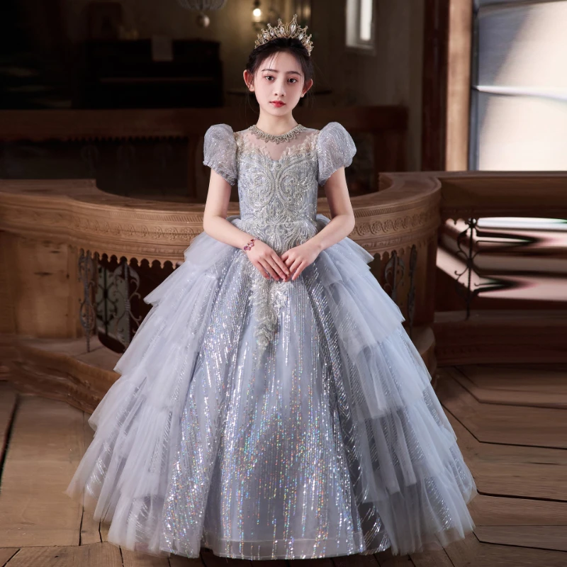 

Вечернее платье для девочек в стиле принцессы, с цветочным узором, для выступлений, нарядное, с пайетками, для детских праздников, блестящий костюм