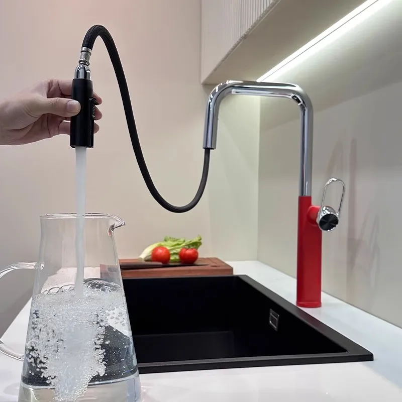 Kitchen Faucet Sink Tap Single Lever Hot and Cold Water Faucet Red Chrome Rotation Brass Tap Pull Out Sink Mixer Fashion
