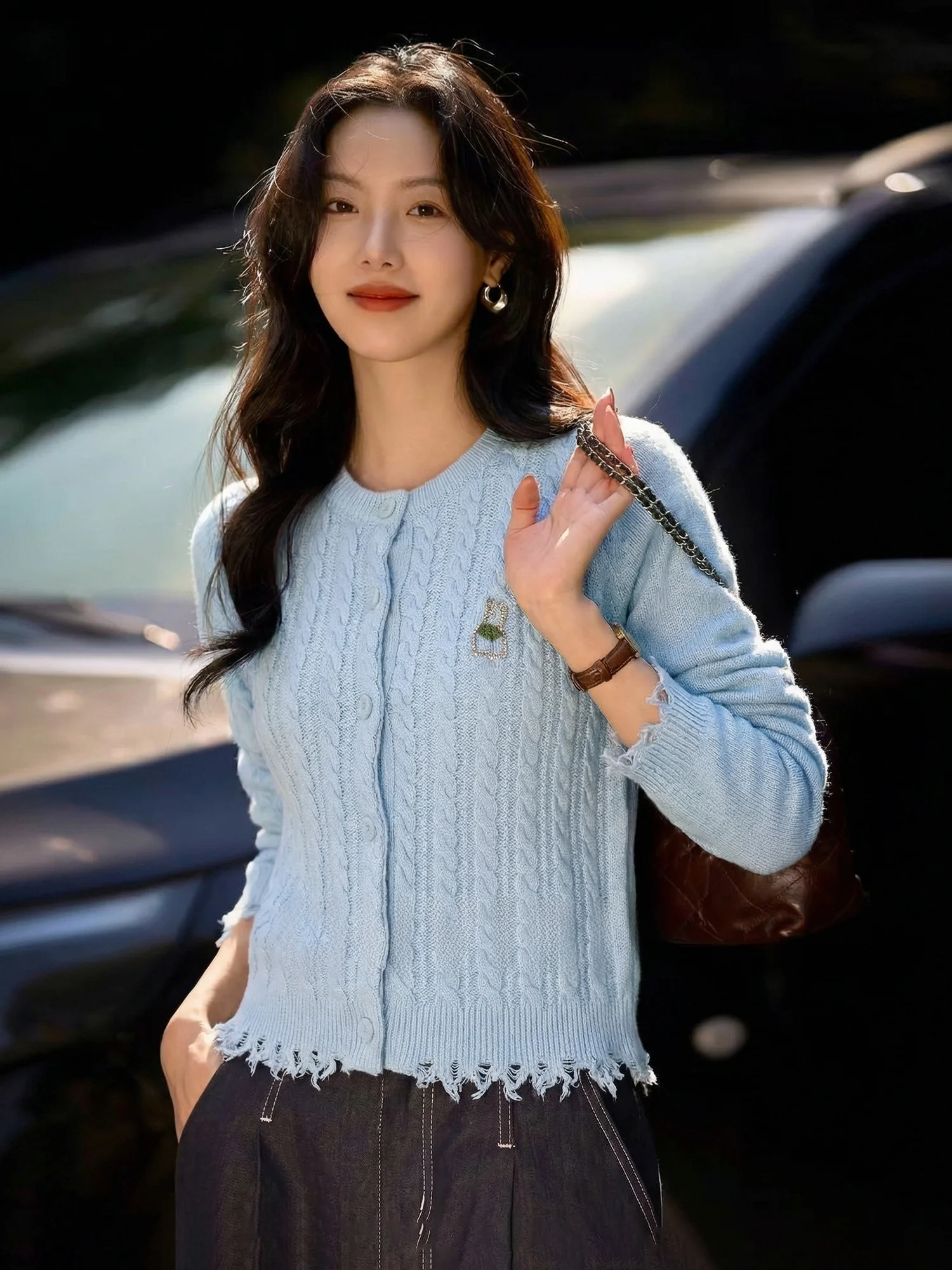 

Свободный повседневный шерстяной вязаный кардиган для женщин, весна-осень, светло-голубой, из крученой пряжи, с круглым вырезом, повседневный свитер-пальто