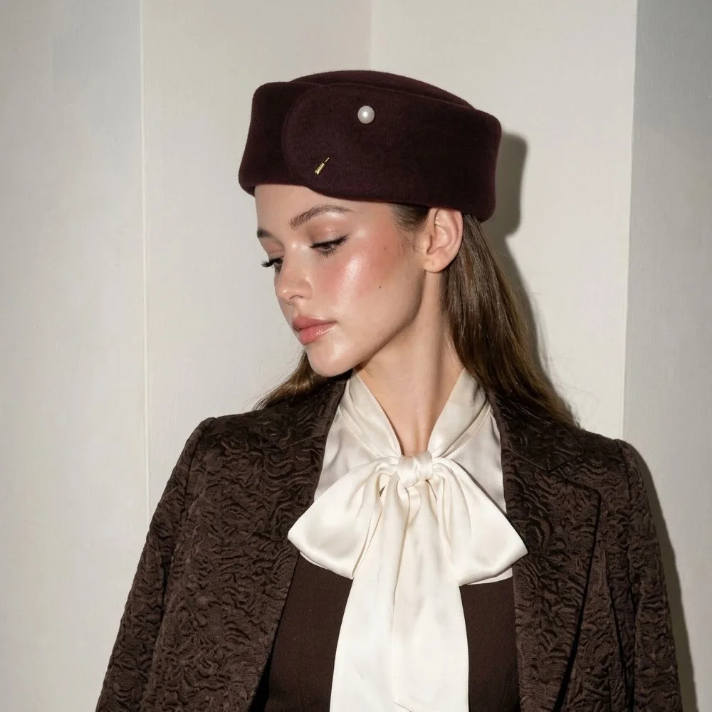 French Retro Pearl Wool Pillbox Hat ins chic Fascinator Cap Women Solid Folded Brimless hat Toque Royal Wedding hat Church hat