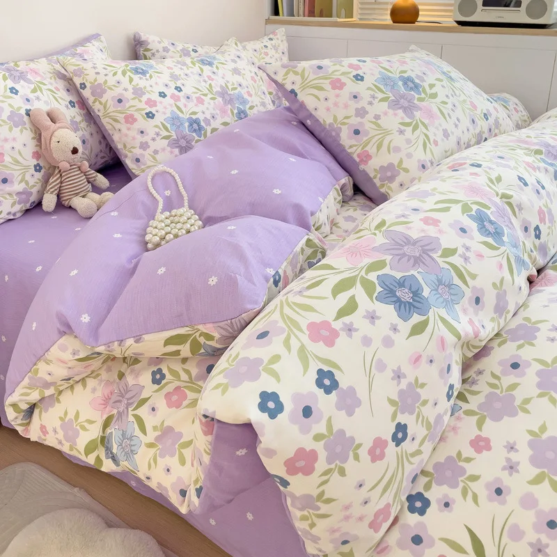 Spring and Summer Four- Cotton Simple Printed Quilt Cover Bed Fitted Sheet Student Dormitory Three-Piece Set