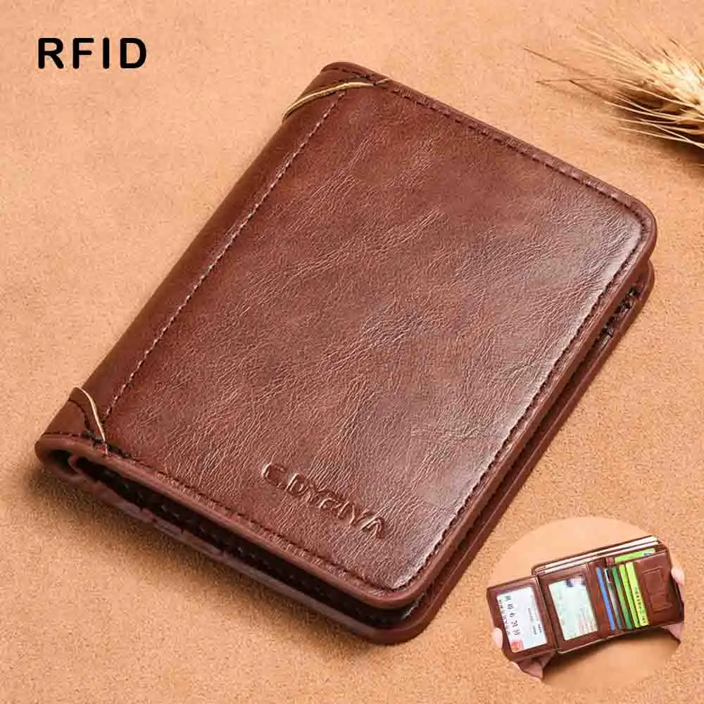 RFID carteira de couro genuíno para homens, trifold, bloqueio, fino, curto, multi função, ID, titular do cartão de crédito, bolsa masculina, dinheiro