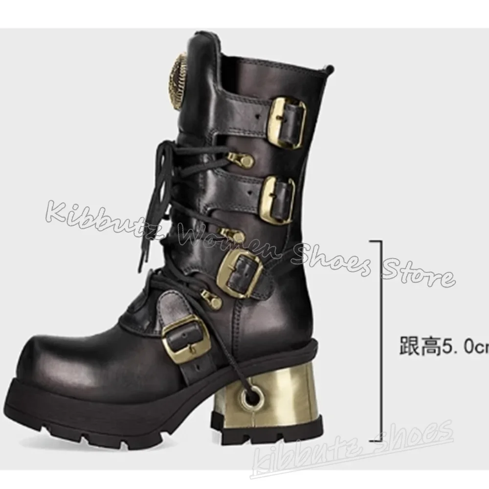 Metal Decor Mid Calf Boots Mixed Color Cross Strap Round Toe Chunky Heels Fashion Luxury Punk Rock Hot Girl Shoes Newest Lace-Up