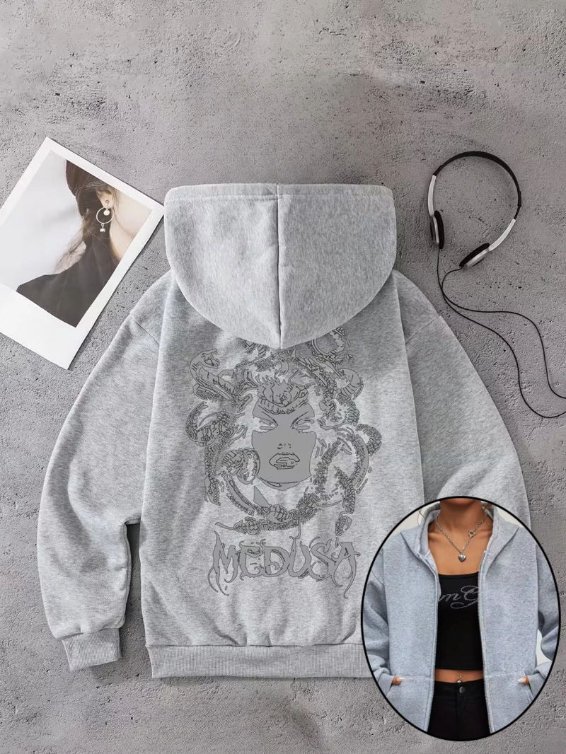 Tattoo Gothic Alt Fashion Pattern Sweatshirt Women's Zipper Hoodies Fleece Jacket Hoody Sweatshirt Pullover Coat All-Season