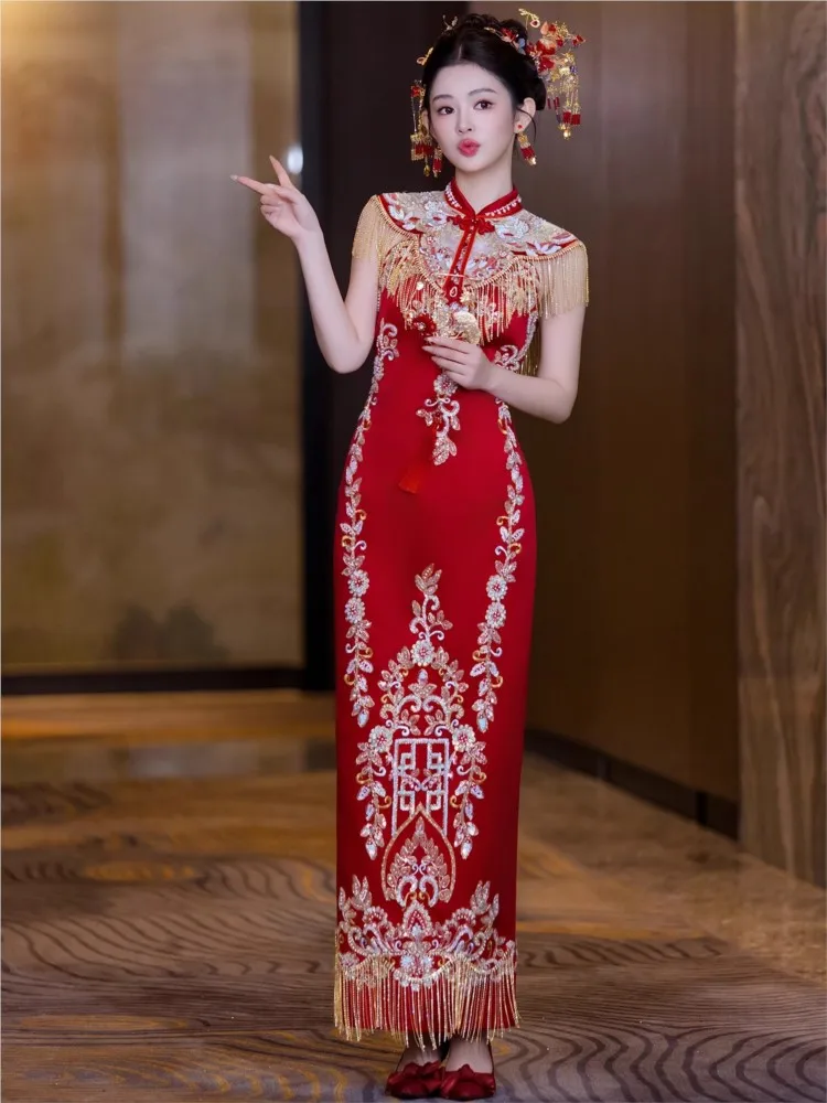 New red cheongsam Chinese-style bride's toasting dress heavy industry wedding and engagement for women