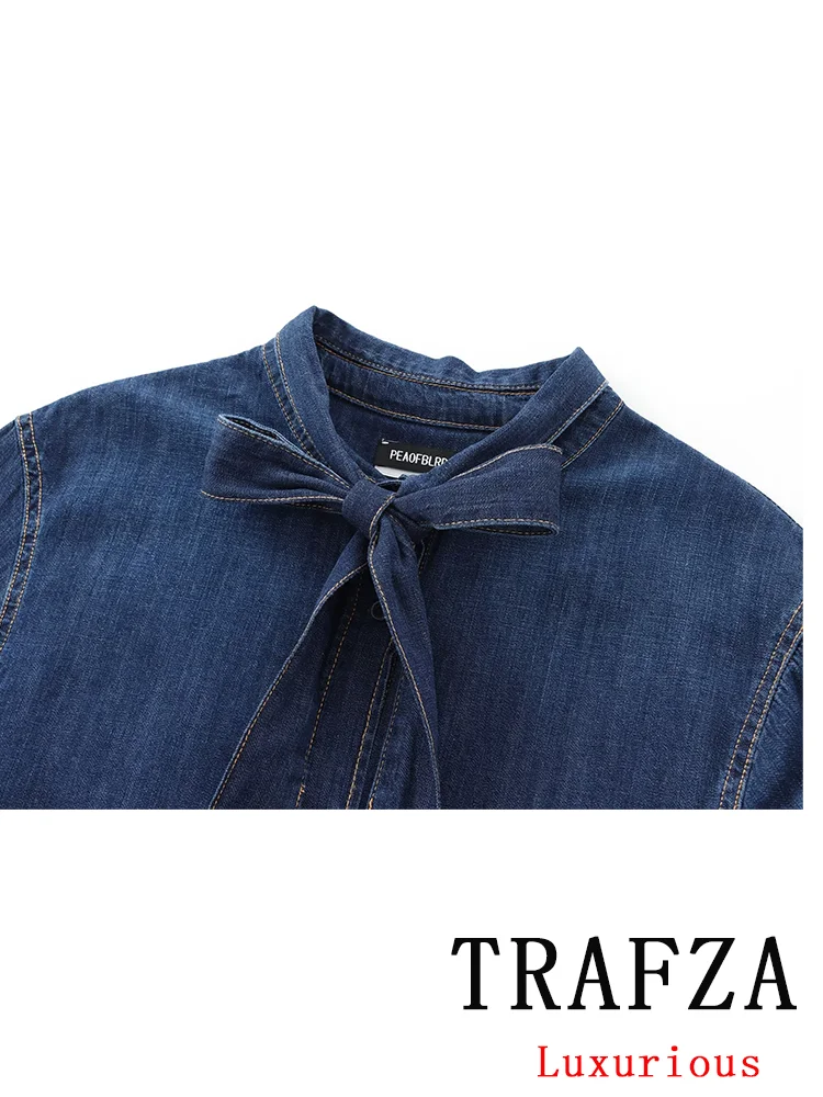 TRAFZA Vintage Casual Chic Denim Women Blouse Bow Long Sleeve O Neck Pocket Single Breasted Blouse New Fashion 2024 Autumn Shirt