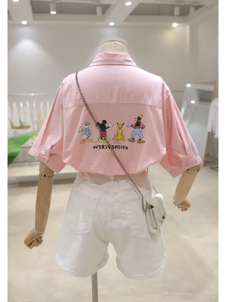  Comfortable Breathable Back Cartoon 2024 Summer Loose Slimming Cotton Short-Sleeved Shirt Women's Long Sleeved Blouse