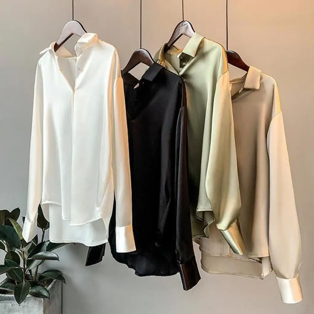 

Women's Satin Shirts Elegant Plain Long Sleeve Blouse Office Lady Button-Up Shirt Top Female Crew Neck Shirts Blouse 2025 Autumn