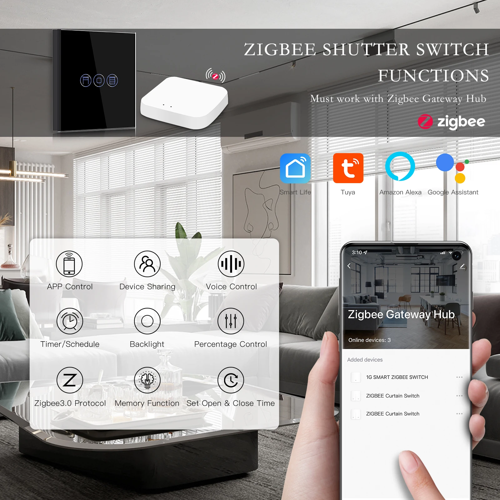 BSEED EU Zigbee Smart Touch Blinds Switch Electric Wall Roller Shutter Switch Tuya Google Home Alexa Voice Wireless Control 5A