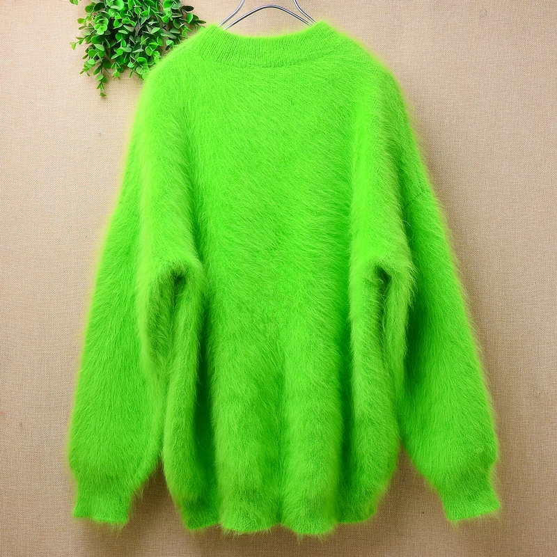 Female Women Spring Winter Clothing Green Hairy Mink Cashmere Knitted O-Neck Long Sleeves Loose Pullover Angora Jumper Sweater